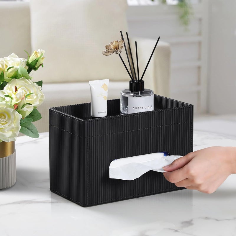 Cretkhp Tissue Box Cover Rectangle with Storage Tray, PU Leather Tissue Holder for Bathroom Vanity Countertop Night Stands Bedroom Office Desk, Stylish Rectangular Tissue Box Holder (Black) - Image 2